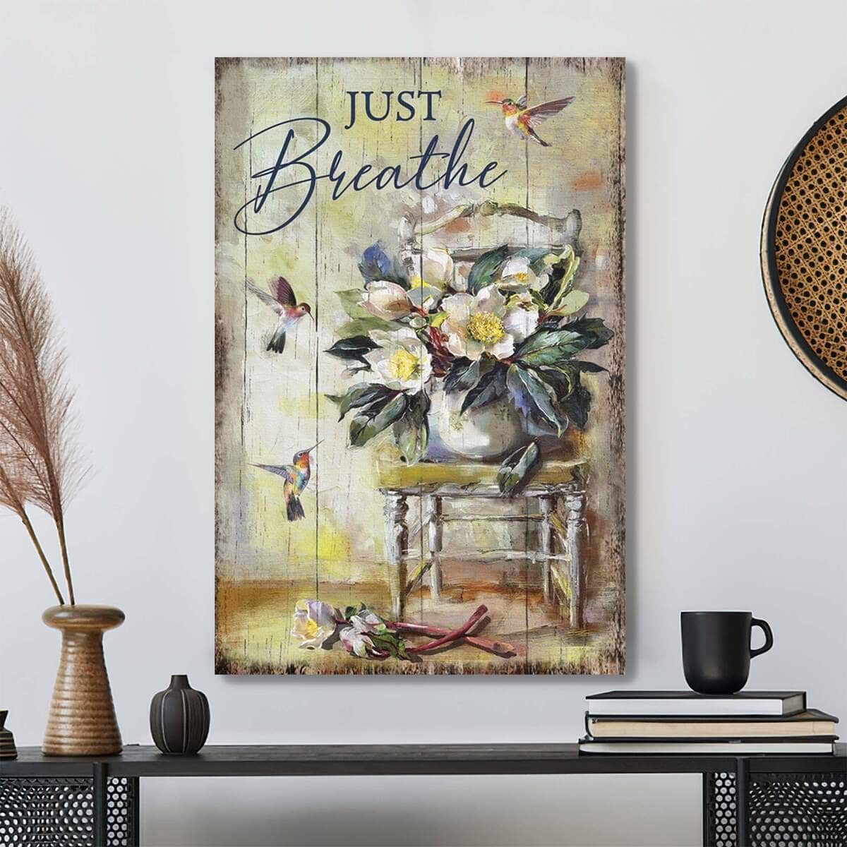 Flower Vase With Hummingbird Just Breathe Bible Verse Scripture Canvas Print