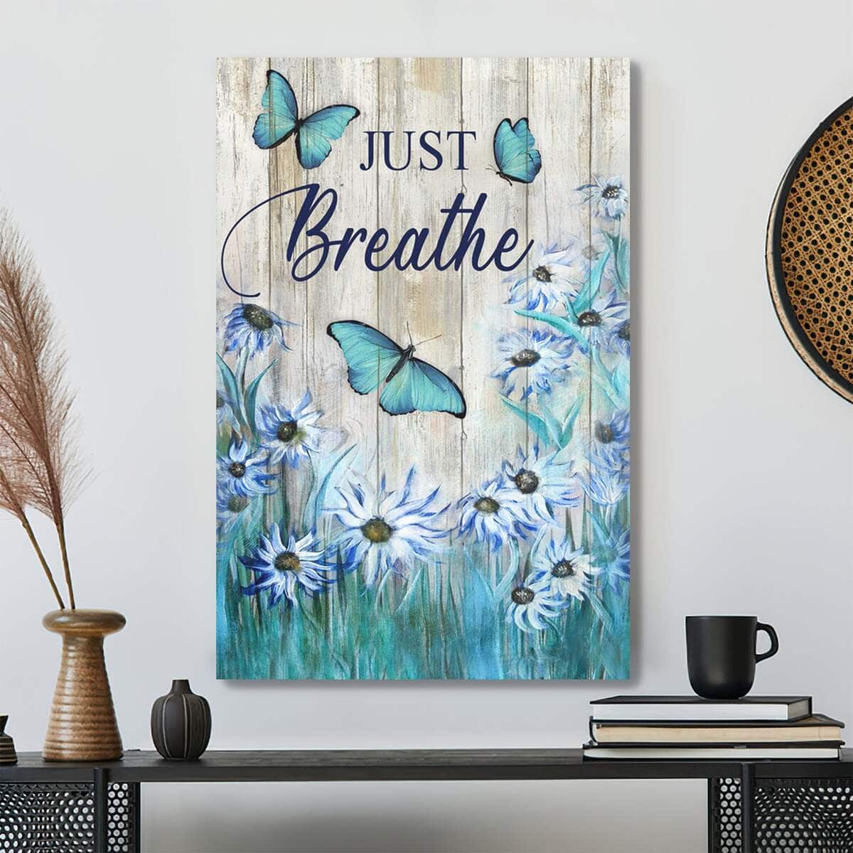 Green Butterfly With Flower Just Breathe Bible Verse Scripture Canvas Print