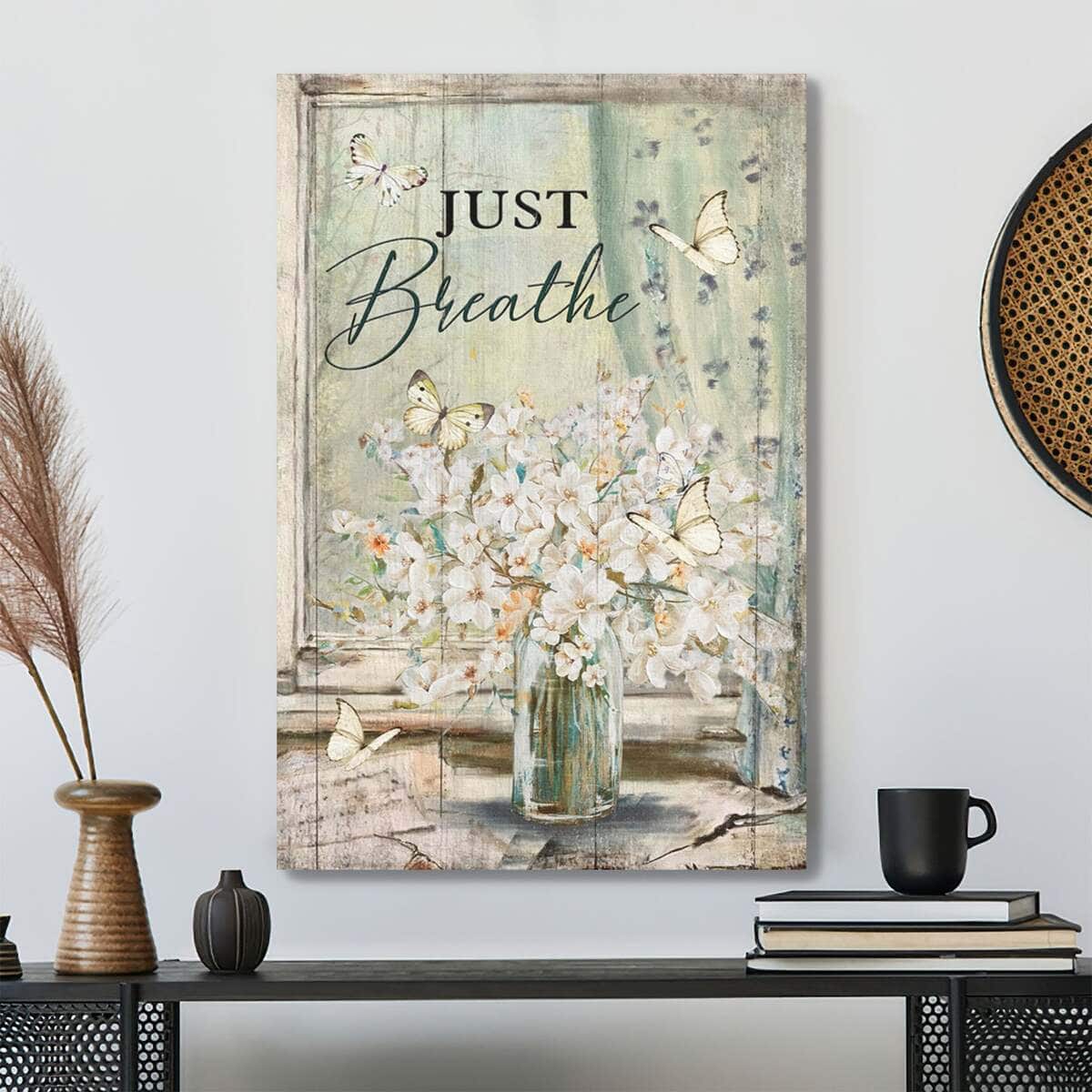 Christian Beautiful White Flower And Butterfly Just Breathe Bible Verse Canvas Print