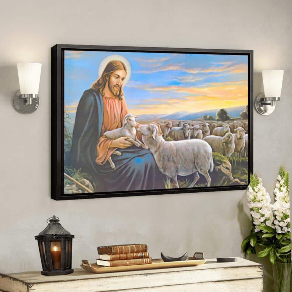 God With Lambs Jesus Christian Gift Jesus Bible Verse Scripture Canvas Wall Art