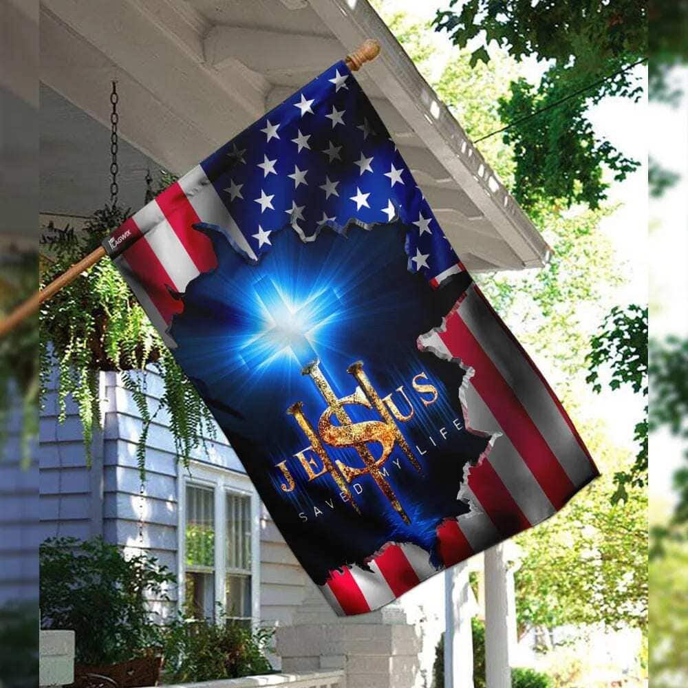 Jesus Saved My Life Religious Christian US Flag Cross Garden Flag