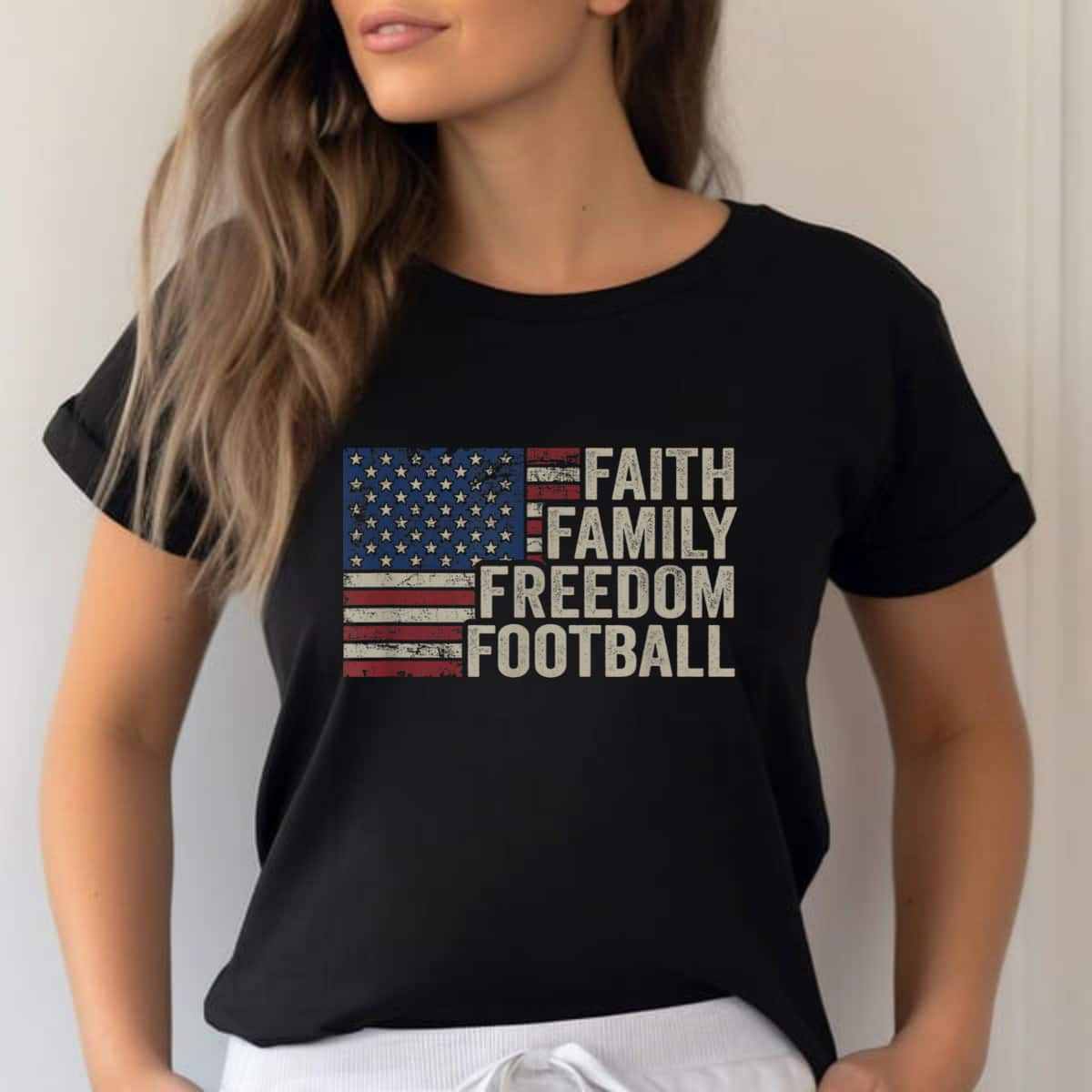 Faith Family Freedom Football Vintage American Flag 4th Of July T-Shirt