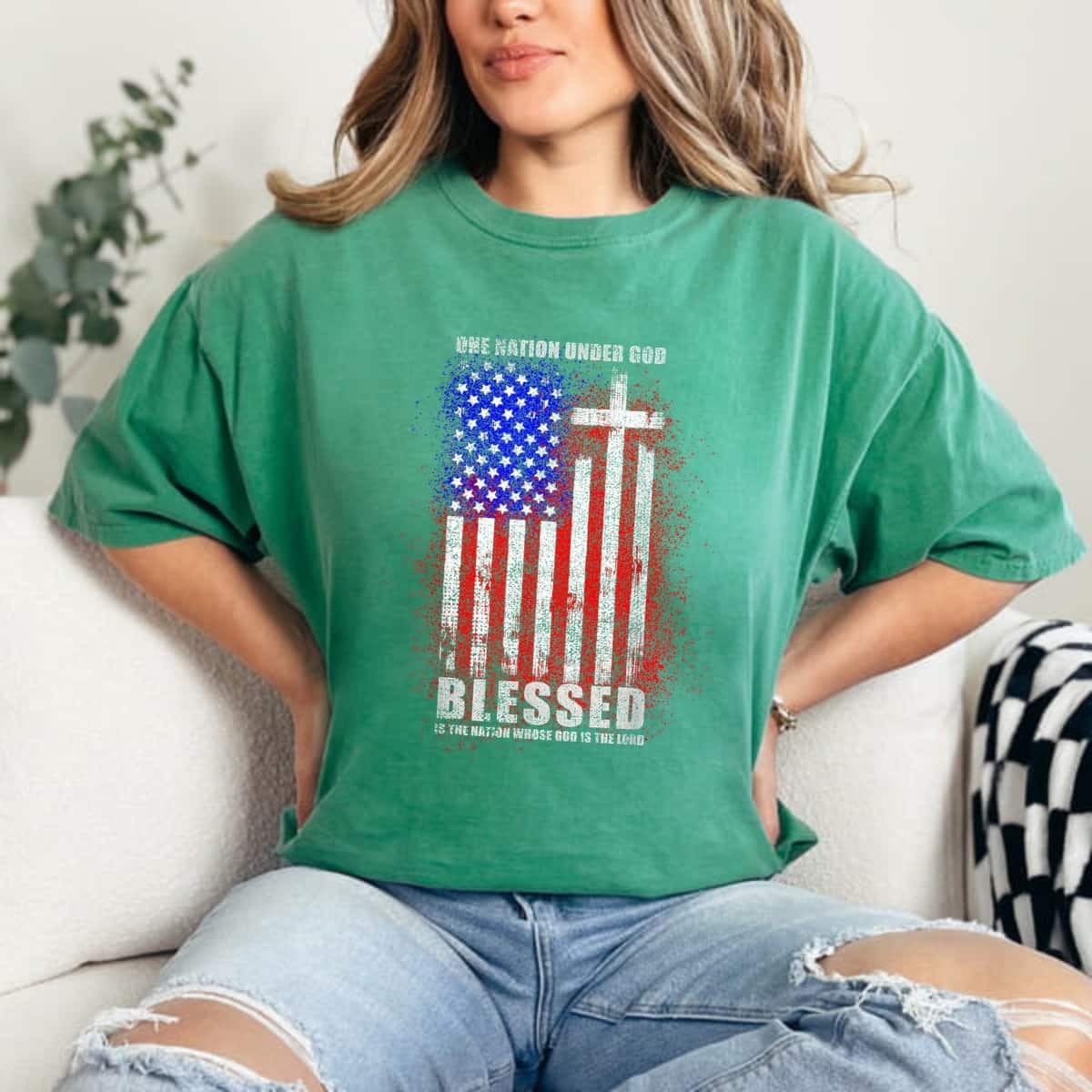 Blessed One Nation Under God Christian Patriotic US Flag T-Shirt