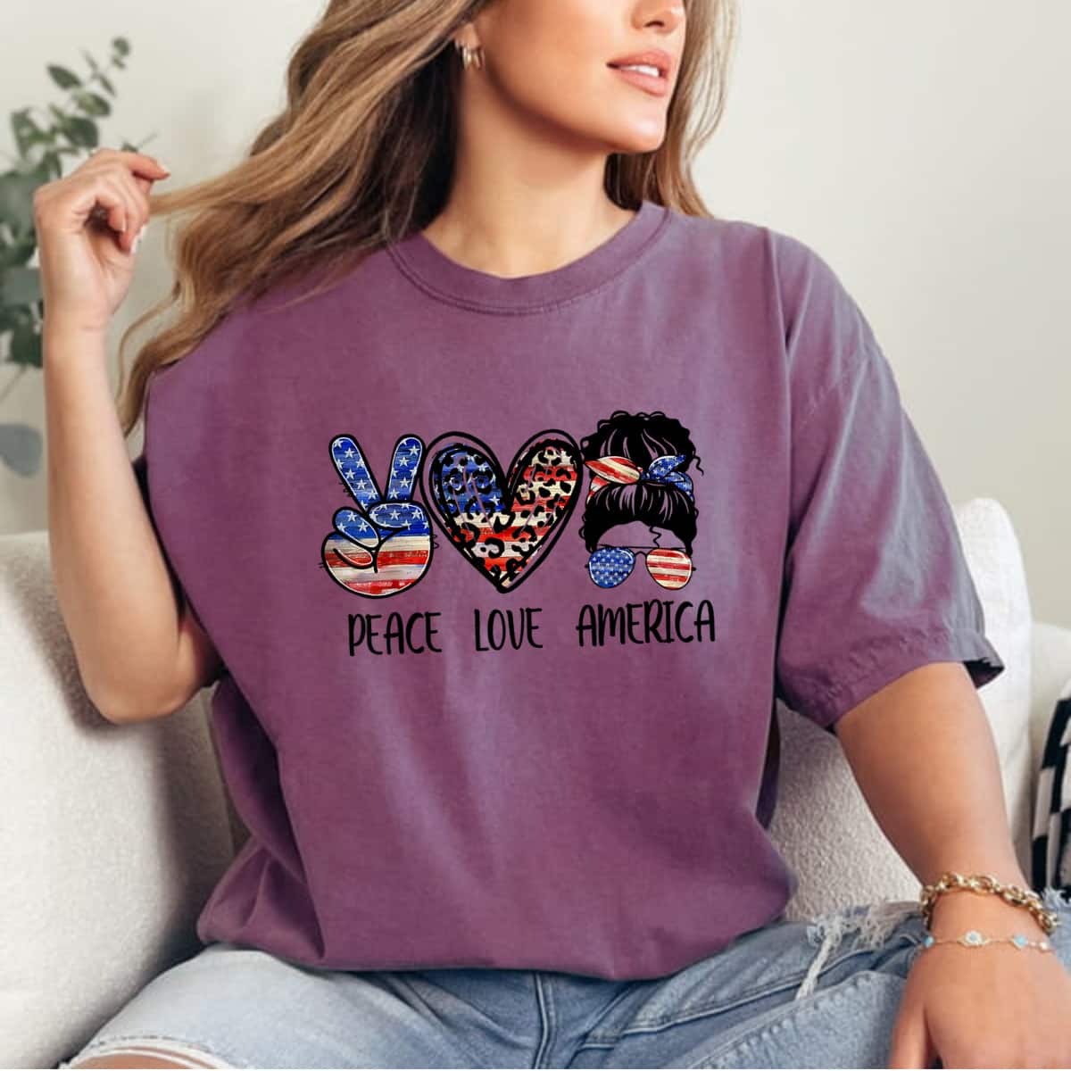 Peace Love America Messy Bun American Flag 4th Of July T-Shirt Peace Love America Messy Bun American Flag 4th Of July T-Shirt