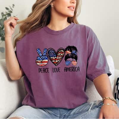 Peace Love America Messy Bun American Flag 4th Of July T-Shirt