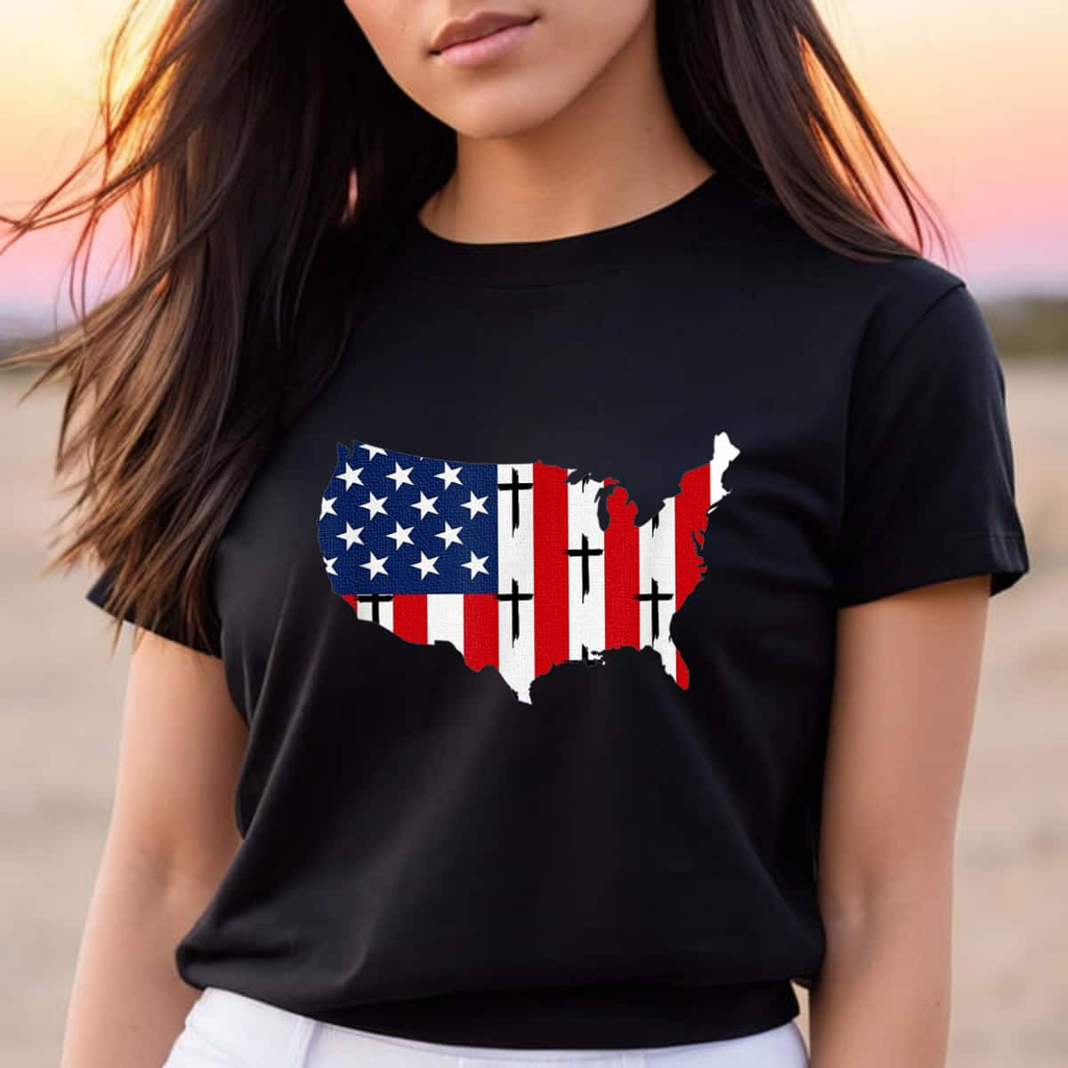 America USA Flag Cross God Jesus Christian Church July 4th T-Shirt