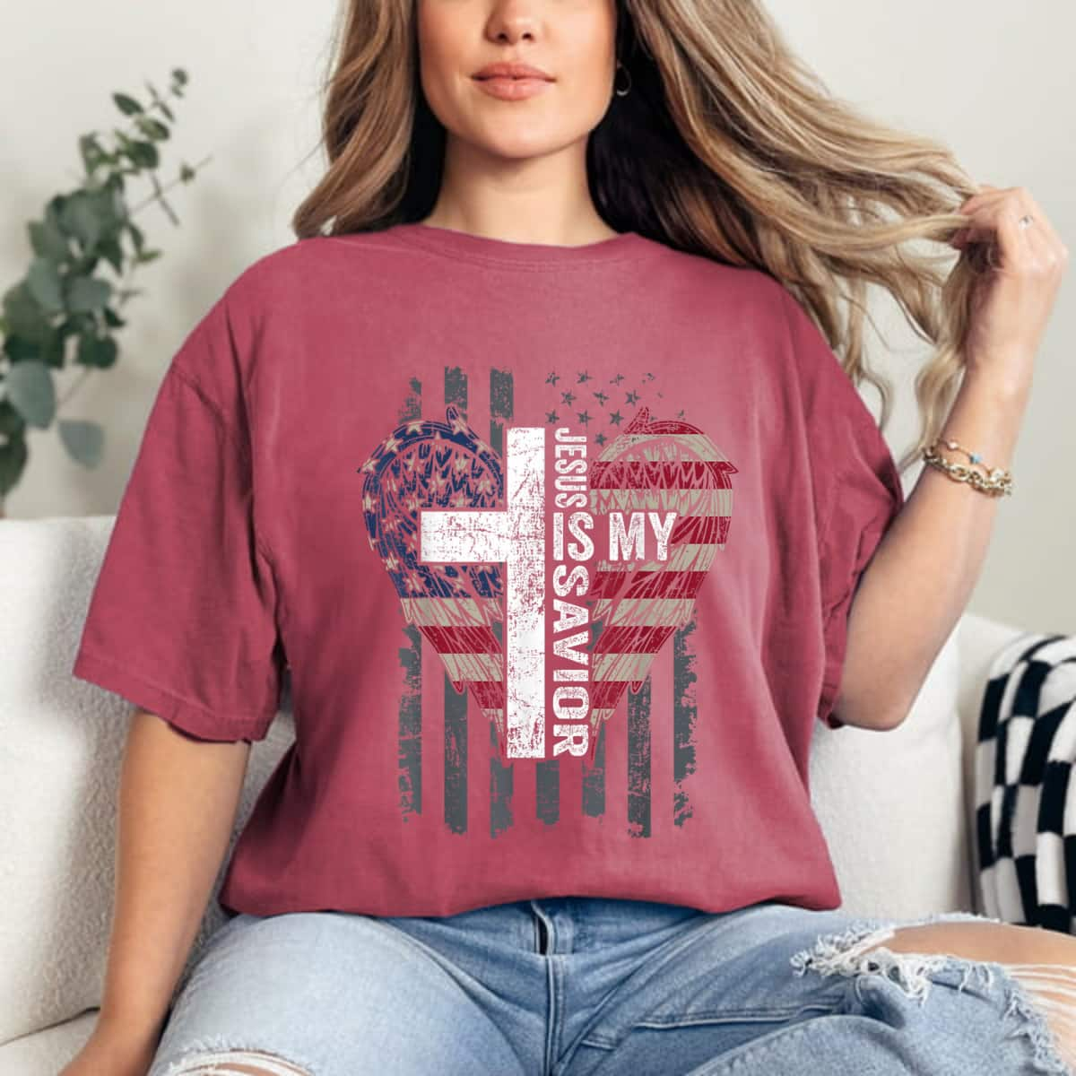 Jesus Is My Savior Patriotic Christian USA Flag Cross Faith Cross Flag T-Shirt