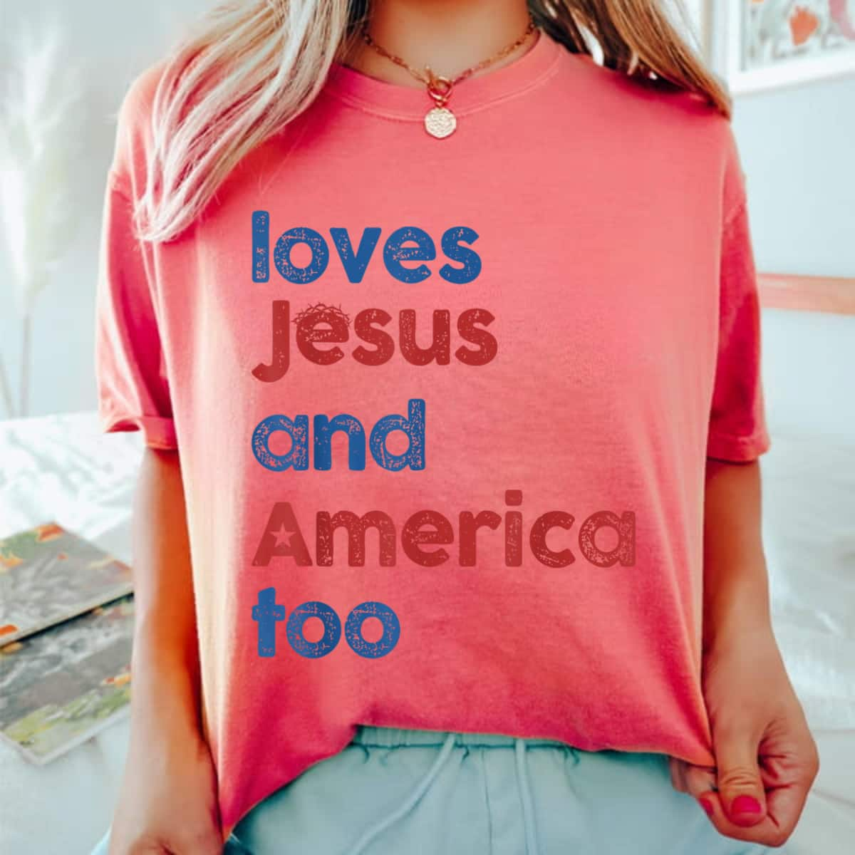 Retro Loves Jesus And America Too 4th Of July T-Shirt Gifts