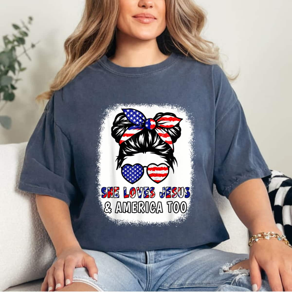 American Flag She Loves Jesus And America Too Christian July 4th T-Shirt