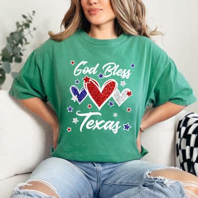 Patriotic American Flag Hearts For Girls God Bless Texas 4th Of July T-Shirt