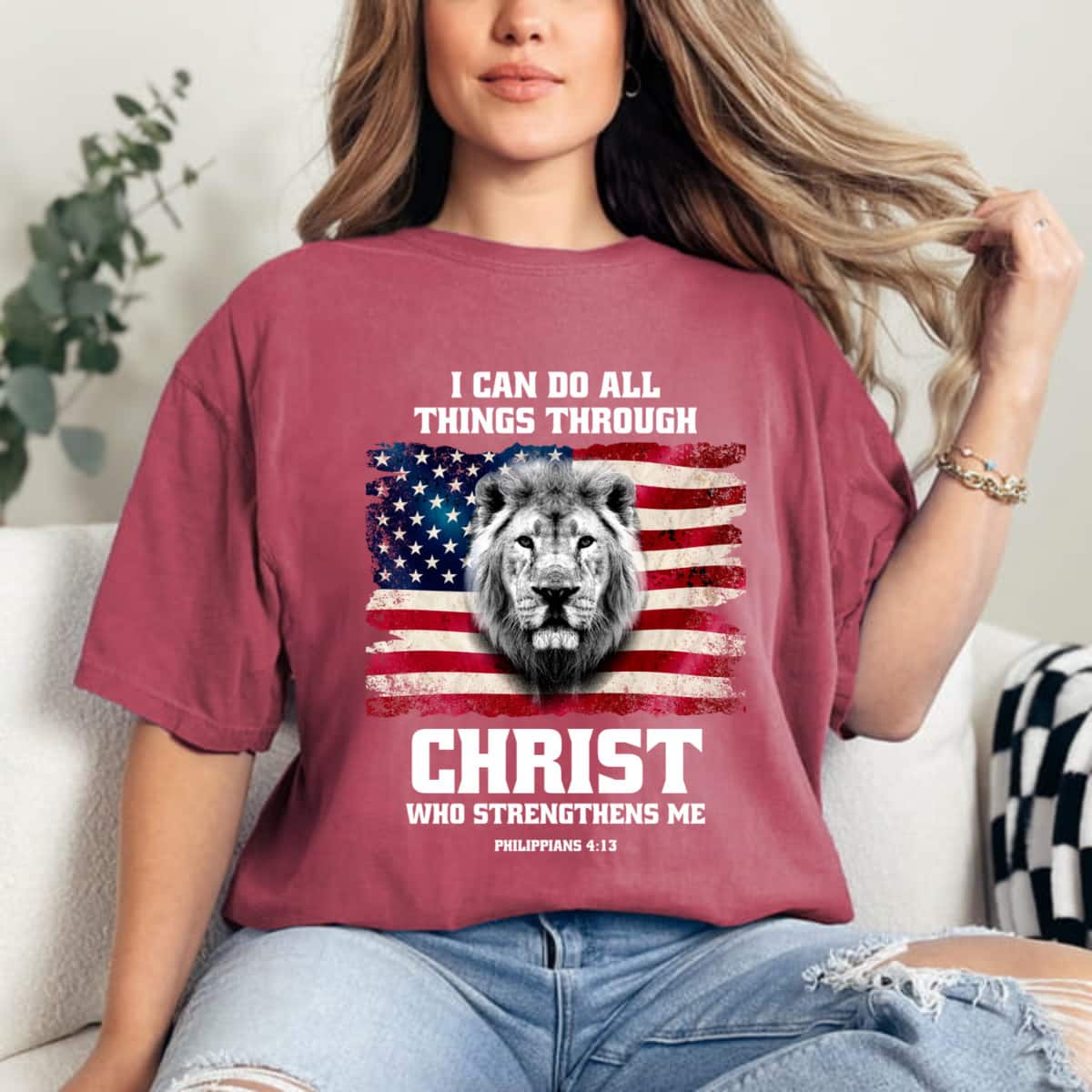 Philippians 413 Christian Patriot Lion American Flag T-Shirt