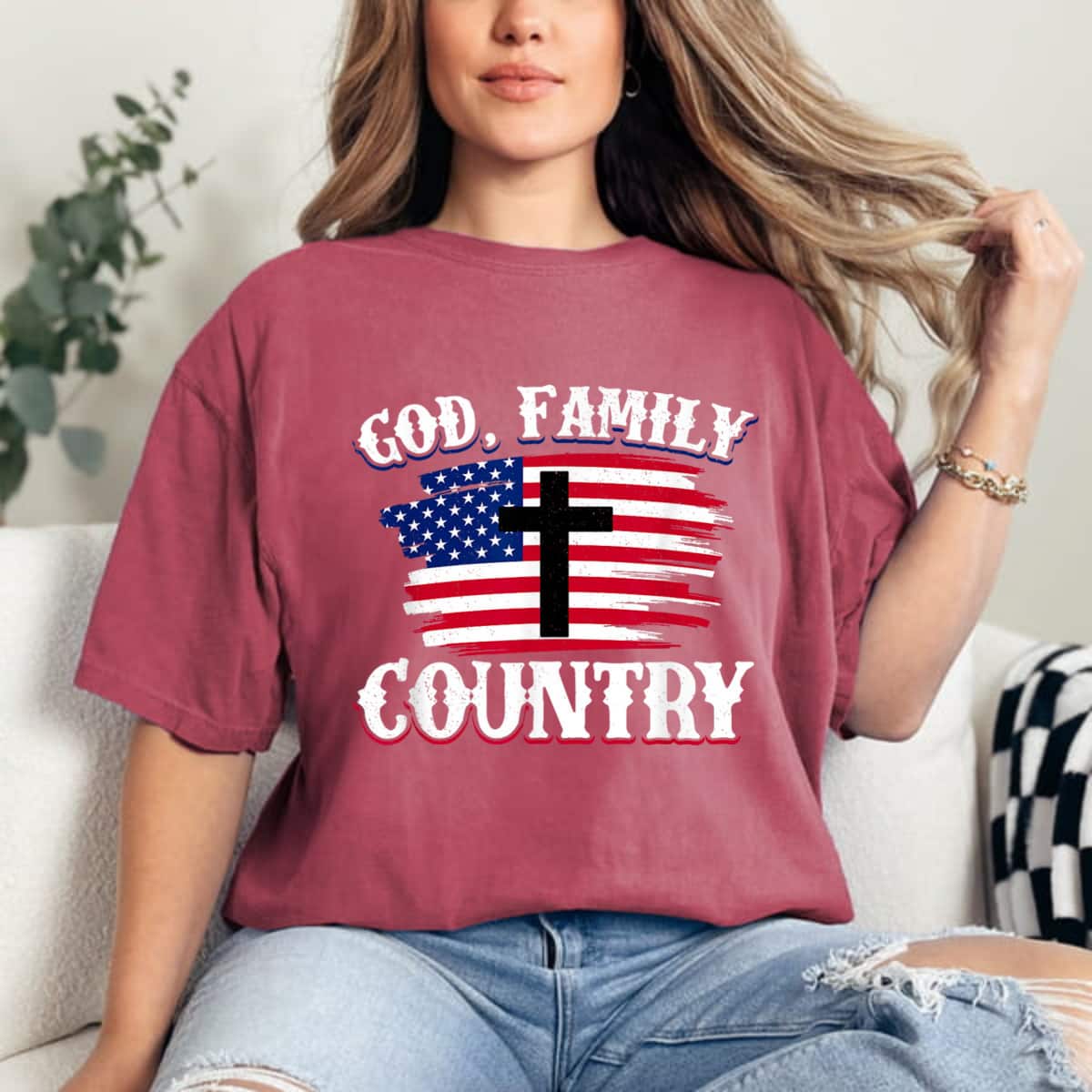 God Family Country American Flag Cross Christian Patriotic T-Shirt