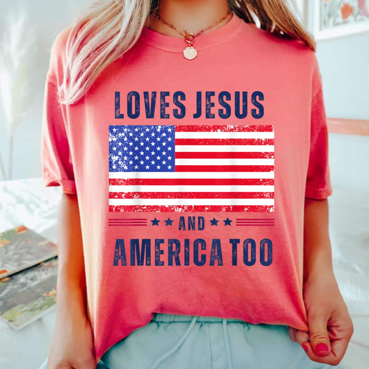 Loves Jesus And America Too 4th Of July Christian T-Shirt