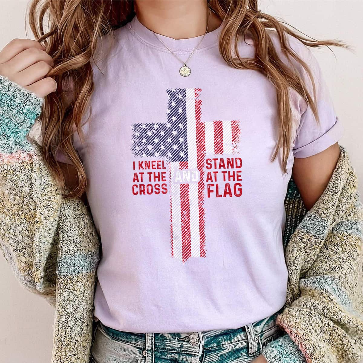 I Kneel At The Cross Stand At The Flag Christian 4th Of July T-Shirt