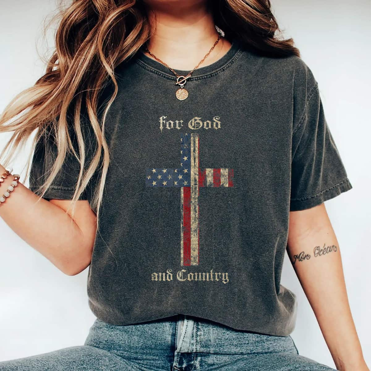 For God And Country Cross American Flag Faith US Patriotic 4th Of July T-Shirt