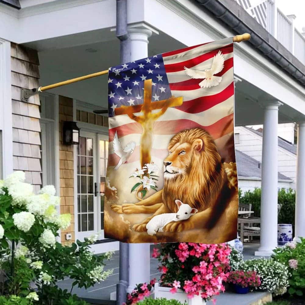 Jesus Christ Lion And Lamb Christian US Flag Garden Flag
