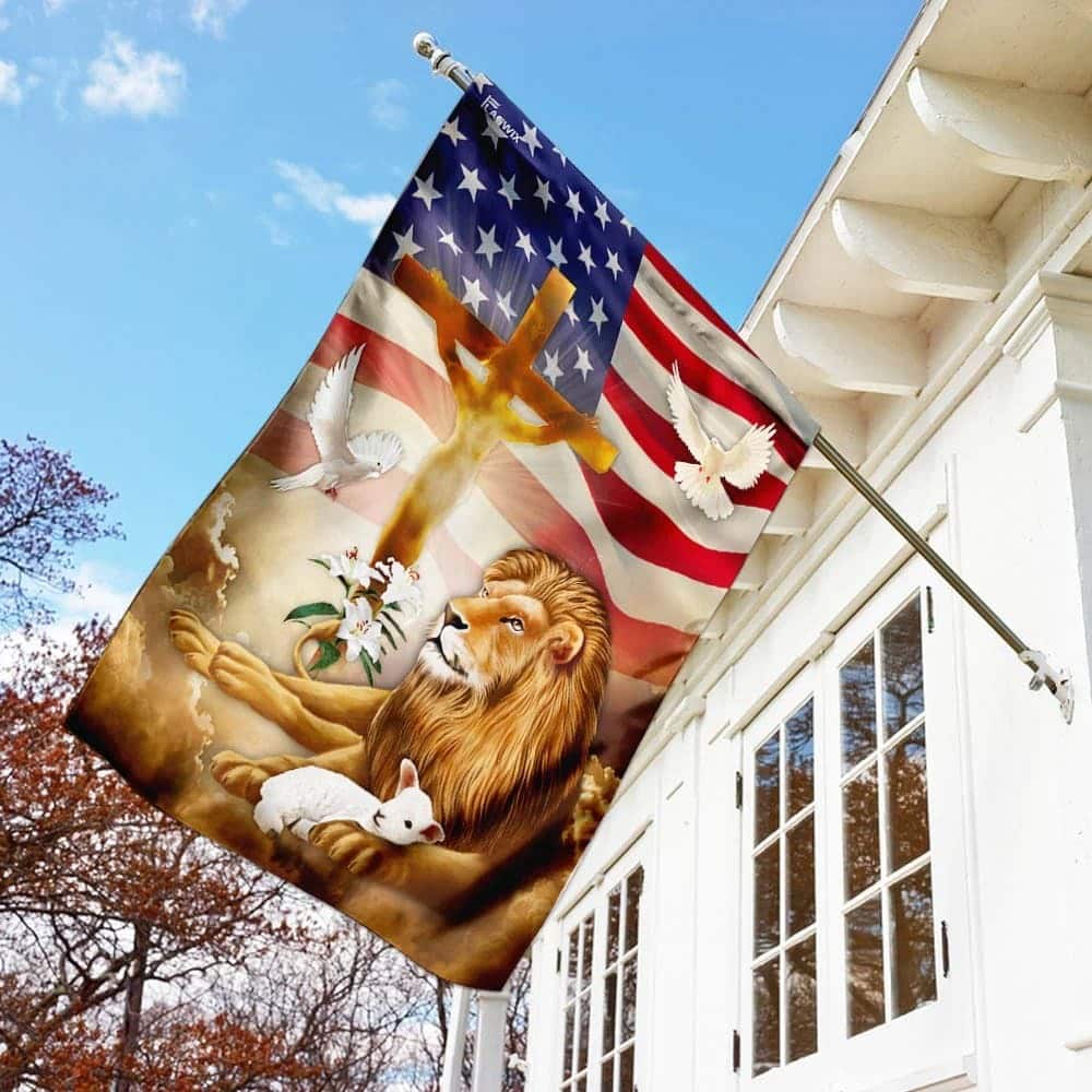 Jesus Christ Lion And Lamb Christian US Flag Garden Flag