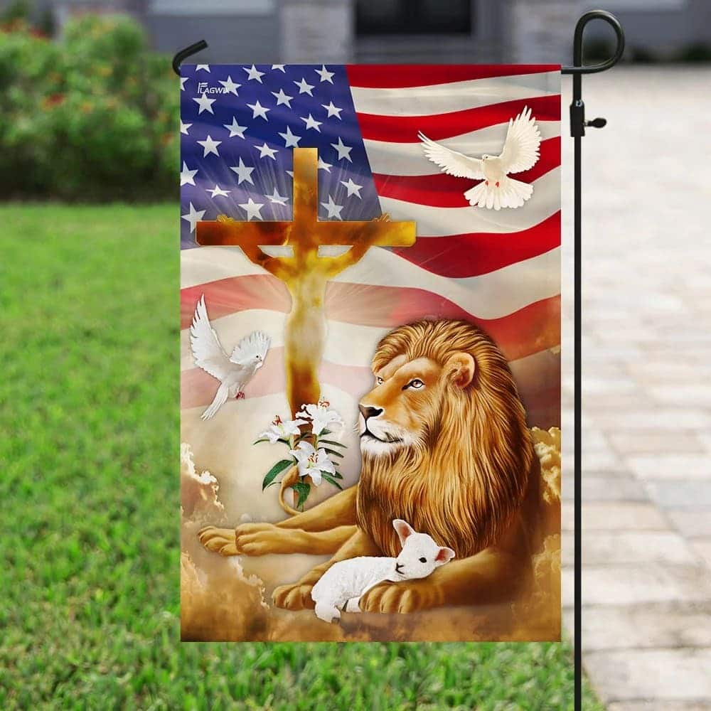 Jesus Christ Lion And Lamb Christian US Flag Garden Flag Jesus Christ Lion And Lamb Christian US Flag Garden Flag