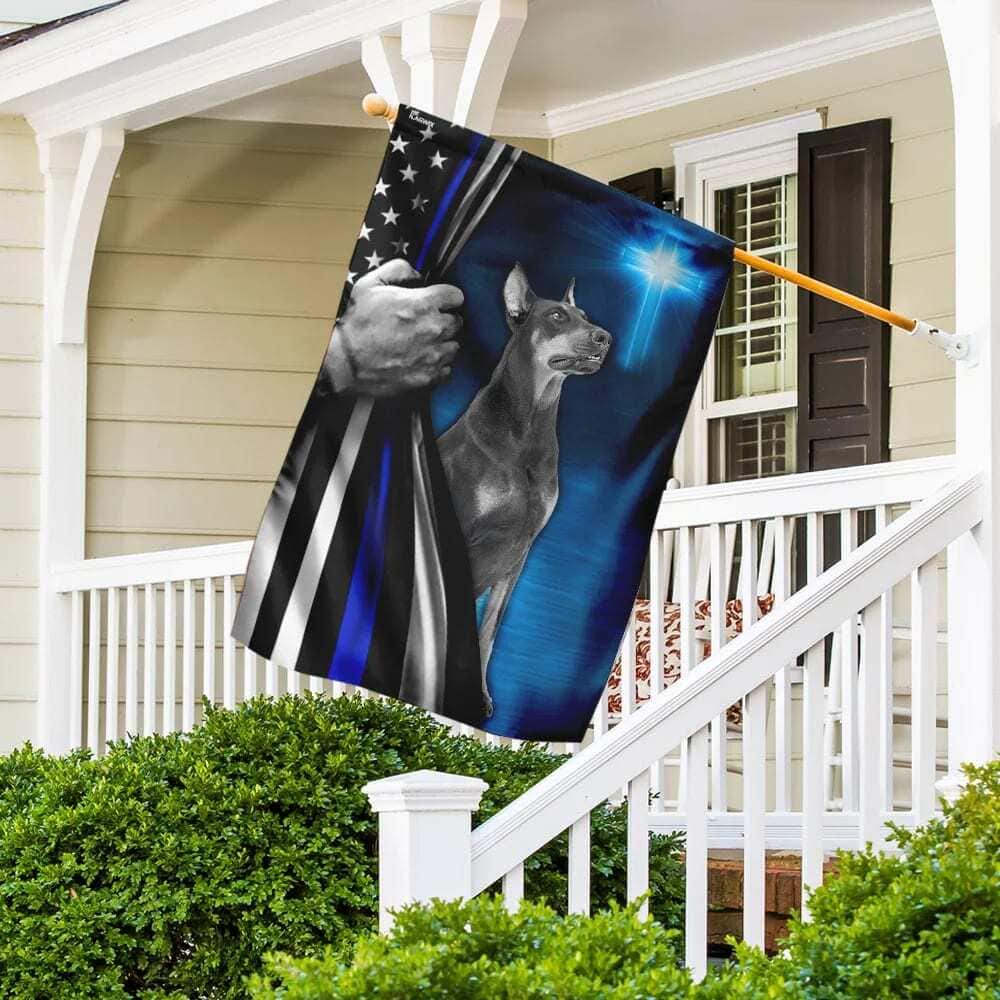Dobermann Police Dog Thin Blue Line Christian Cross Christian Garden Flag Dobermann Police Dog Thin Blue Line Christian Cross Christian Garden Flag