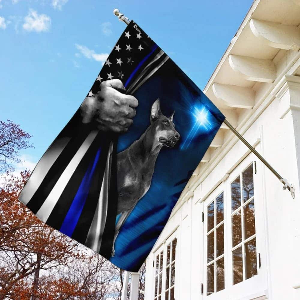 Dobermann Police Dog Thin Blue Line Christian Cross Christian Garden Flag Dobermann Police Dog Thin Blue Line Christian Cross Christian Garden Flag