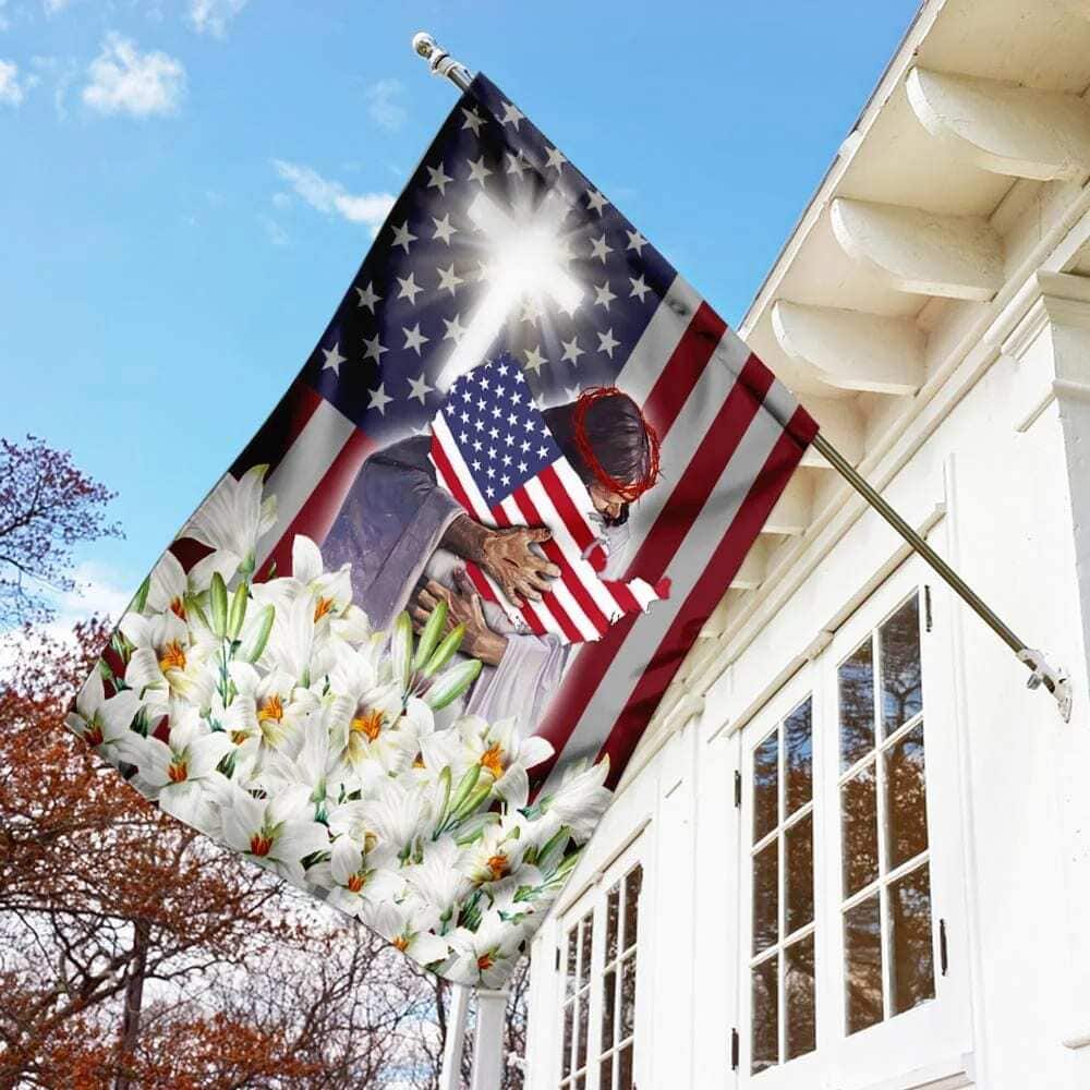 Jesus And The Lilies God American Christian Garden Flag Jesus And The Lilies God American Christian Garden Flag