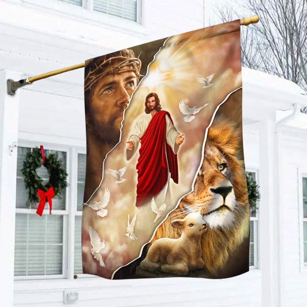 Jesus And Lion One Nation Under God Christian Garden Flag Jesus And Lion One Nation Under God Christian Garden Flag