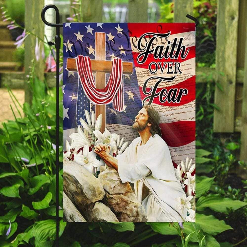 Jesus Pray Cross Faith Over Fear American Christian Religious Garden Flag