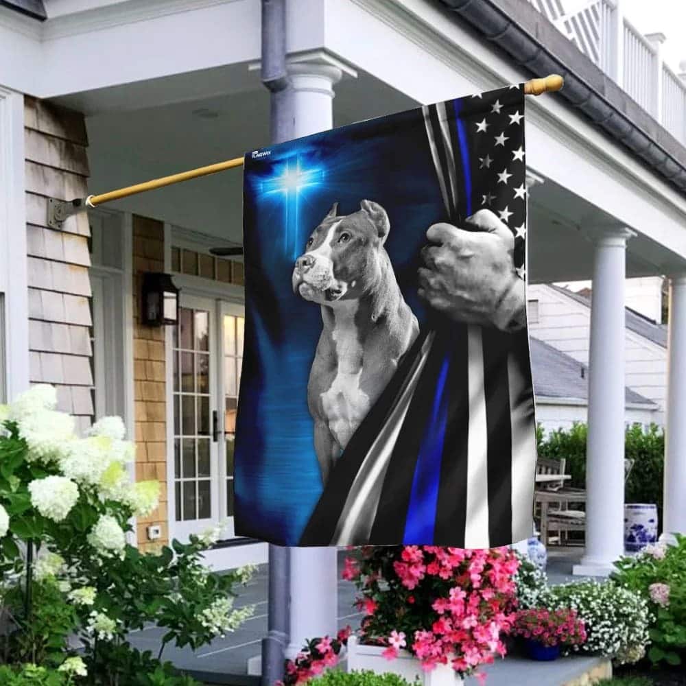 Pit Bull Dog Thin Blue Line Christian Cross Christian Religious Garden Flag Pit Bull Dog Thin Blue Line Christian Cross Christian Religious Garden Flag