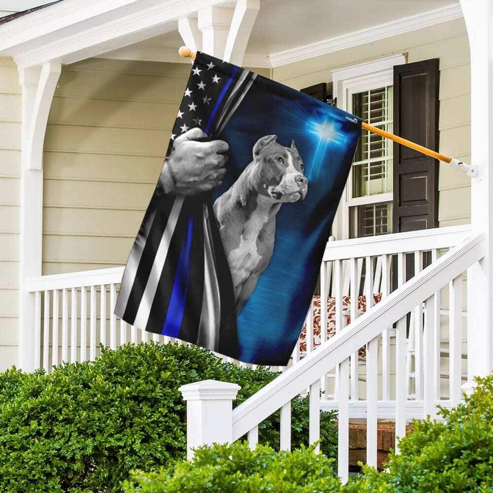 Pit Bull Dog Thin Blue Line Christian Cross Christian Religious Garden Flag