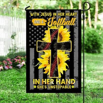 Jesus In Her Heart Softball In Her Hand Sunflower Christian Cross Christian Religious Garden Flag
