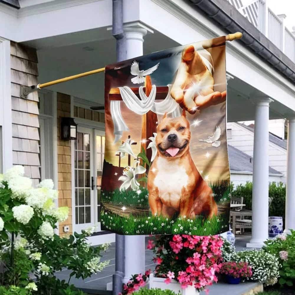 Jesus Hand The Lilies And Dog Pitbull Christian Religious Garden Flag Jesus Hand The Lilies And Dog Pitbull Christian Religious Garden Flag