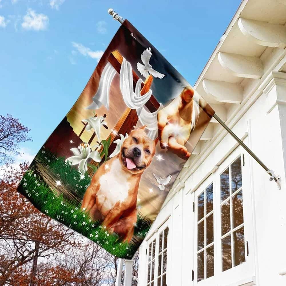 Jesus Hand The Lilies And Dog Pitbull Christian Religious Garden Flag Jesus Hand The Lilies And Dog Pitbull Christian Religious Garden Flag
