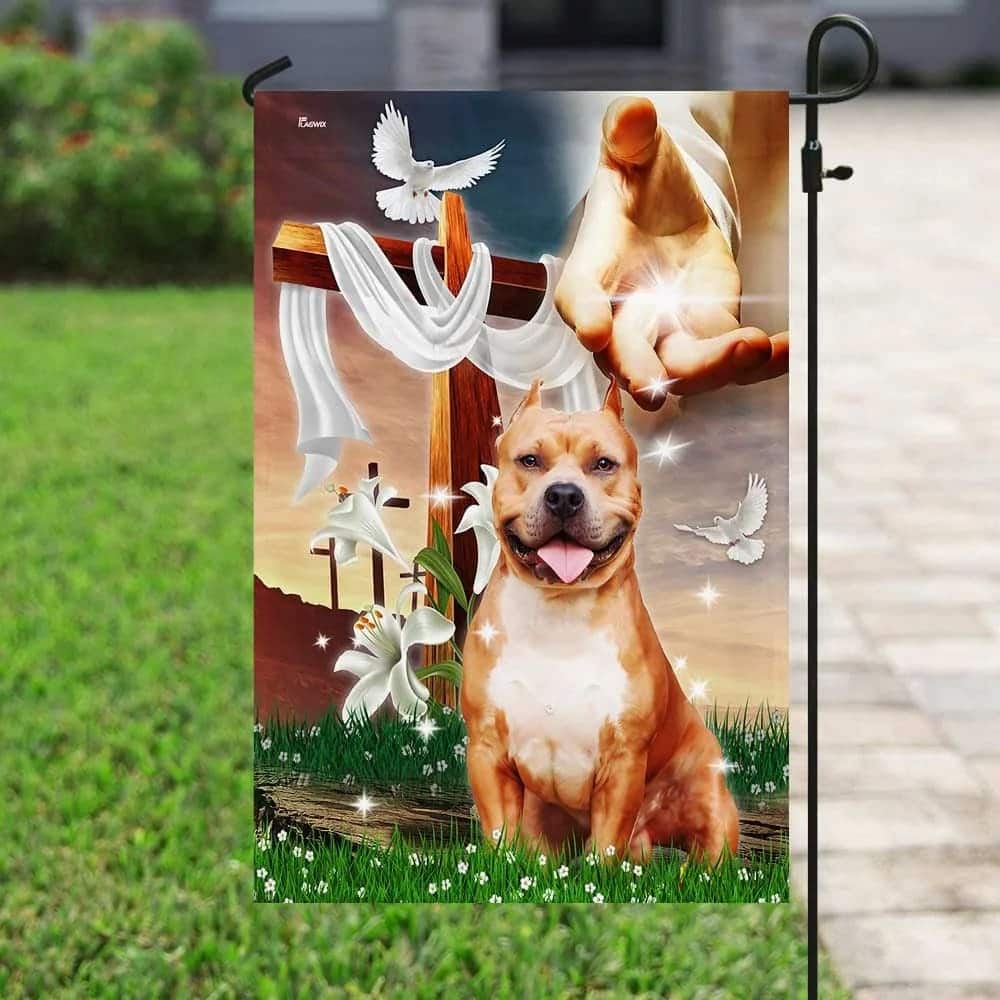 Jesus Hand The Lilies And Dog Pitbull Christian Religious Garden Flag Jesus Hand The Lilies And Dog Pitbull Christian Religious Garden Flag