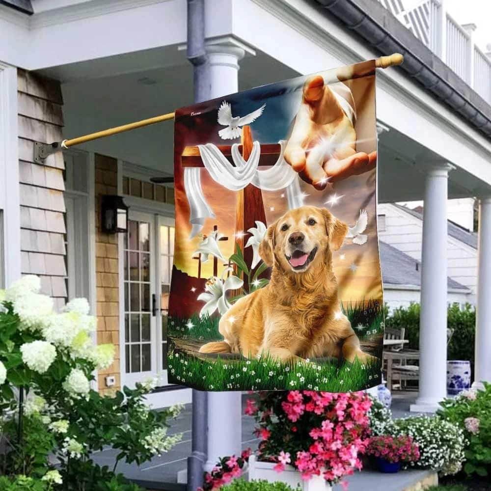 Jesus Hand The Lilies And Dog Golden Retriever Christian Religious Garden Flag