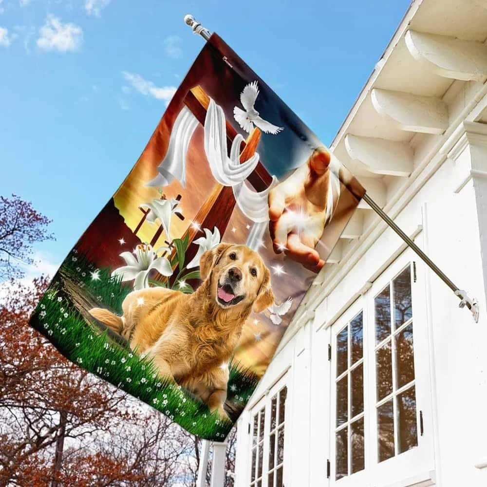 Jesus Hand The Lilies And Dog Golden Retriever Christian Religious Garden Flag