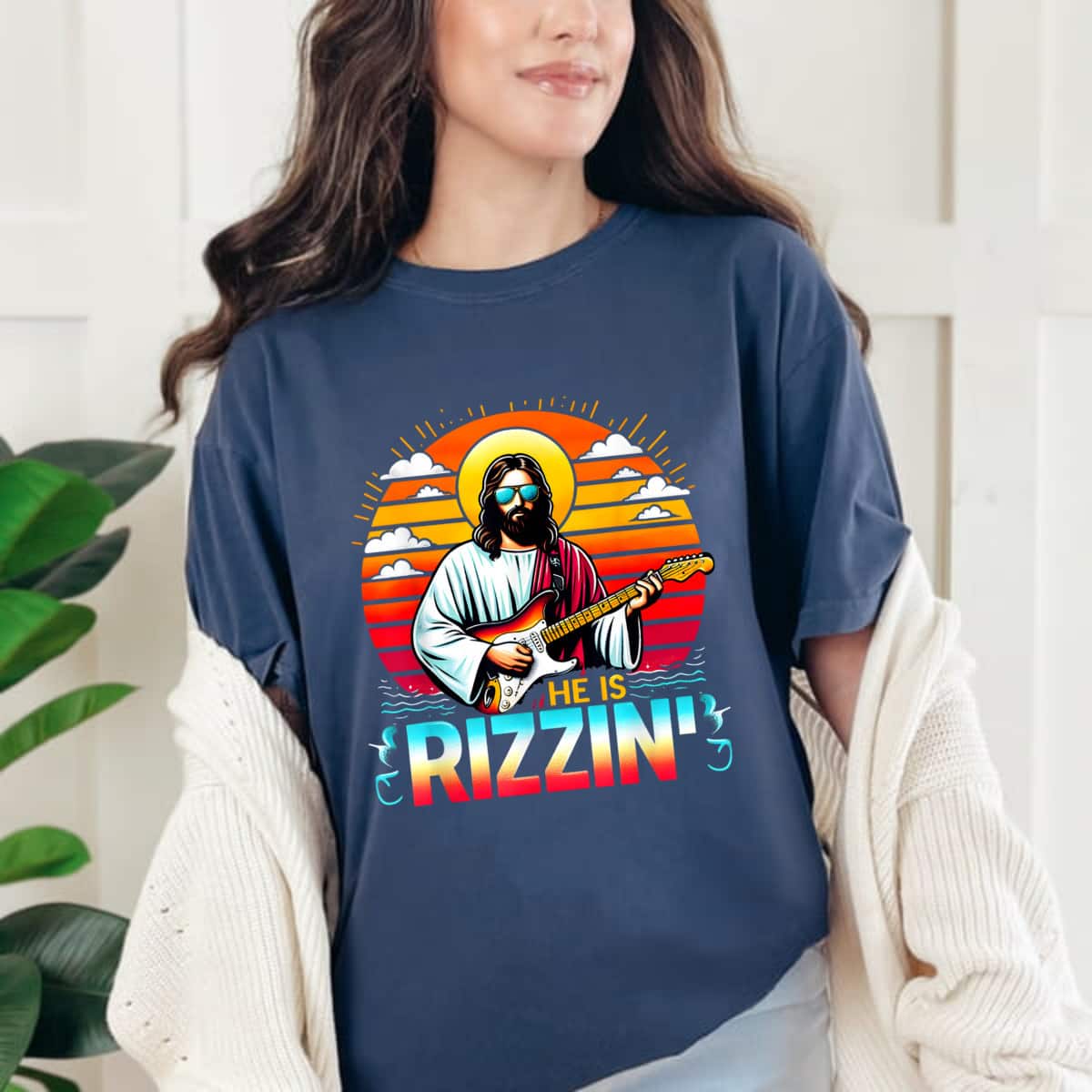 He Is Rizzin Easter Christian Jesus Funny Jesus Guitarist T-Shirt He Is Rizzin Easter Christian Jesus Funny Jesus Guitarist T-Shirt