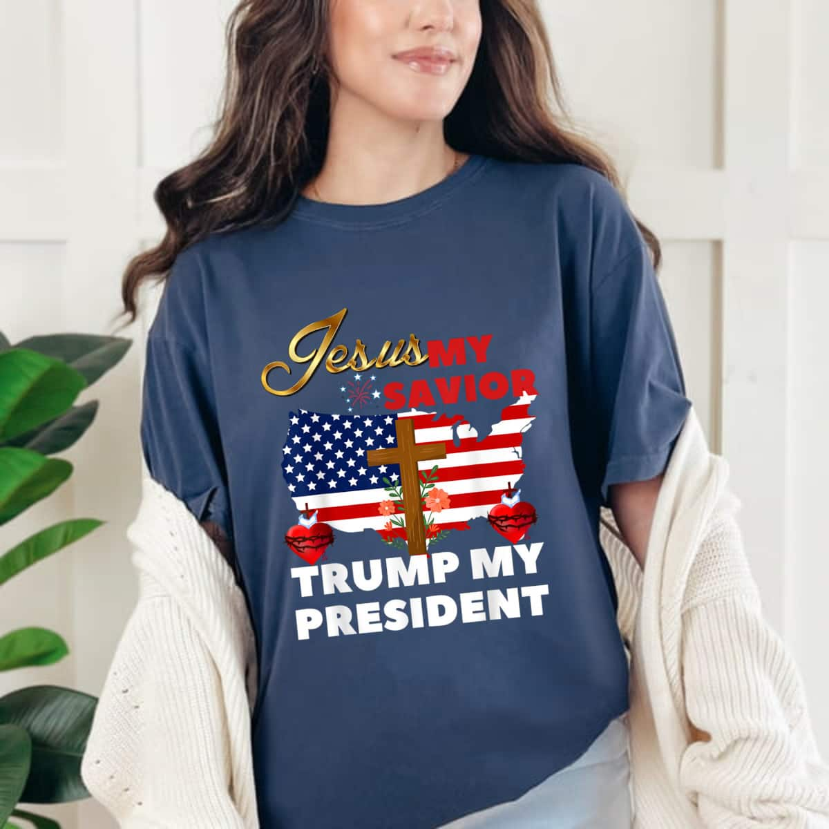 Jesus Is My Savior Trump Is My President Christian American Flag T-Shirt