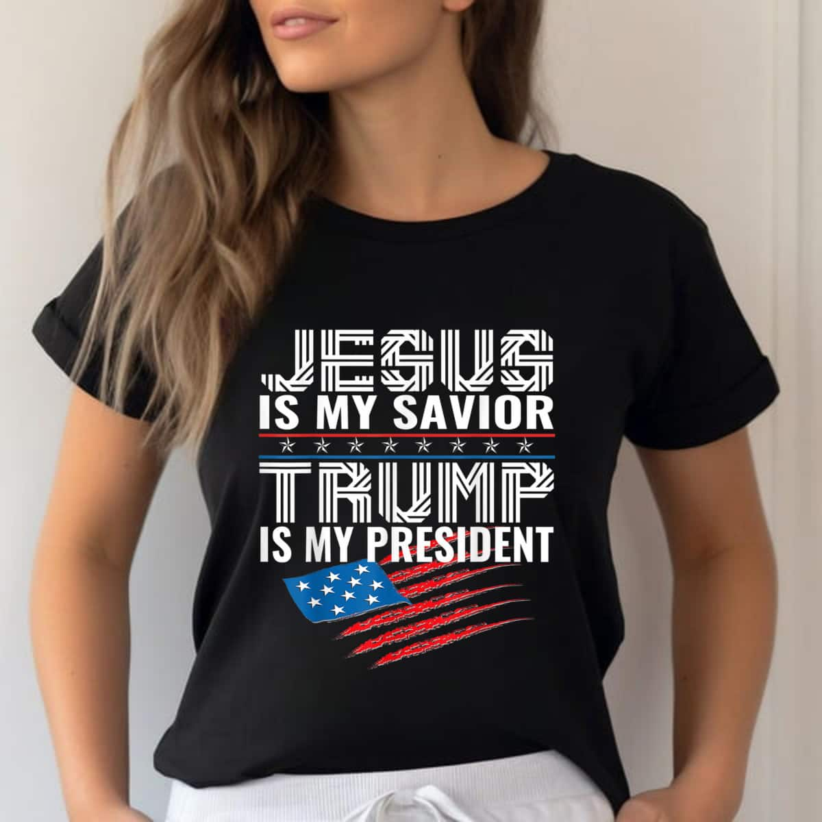 Jesus Is My Savior Trump Is My President Christian US Flag T-Shirt