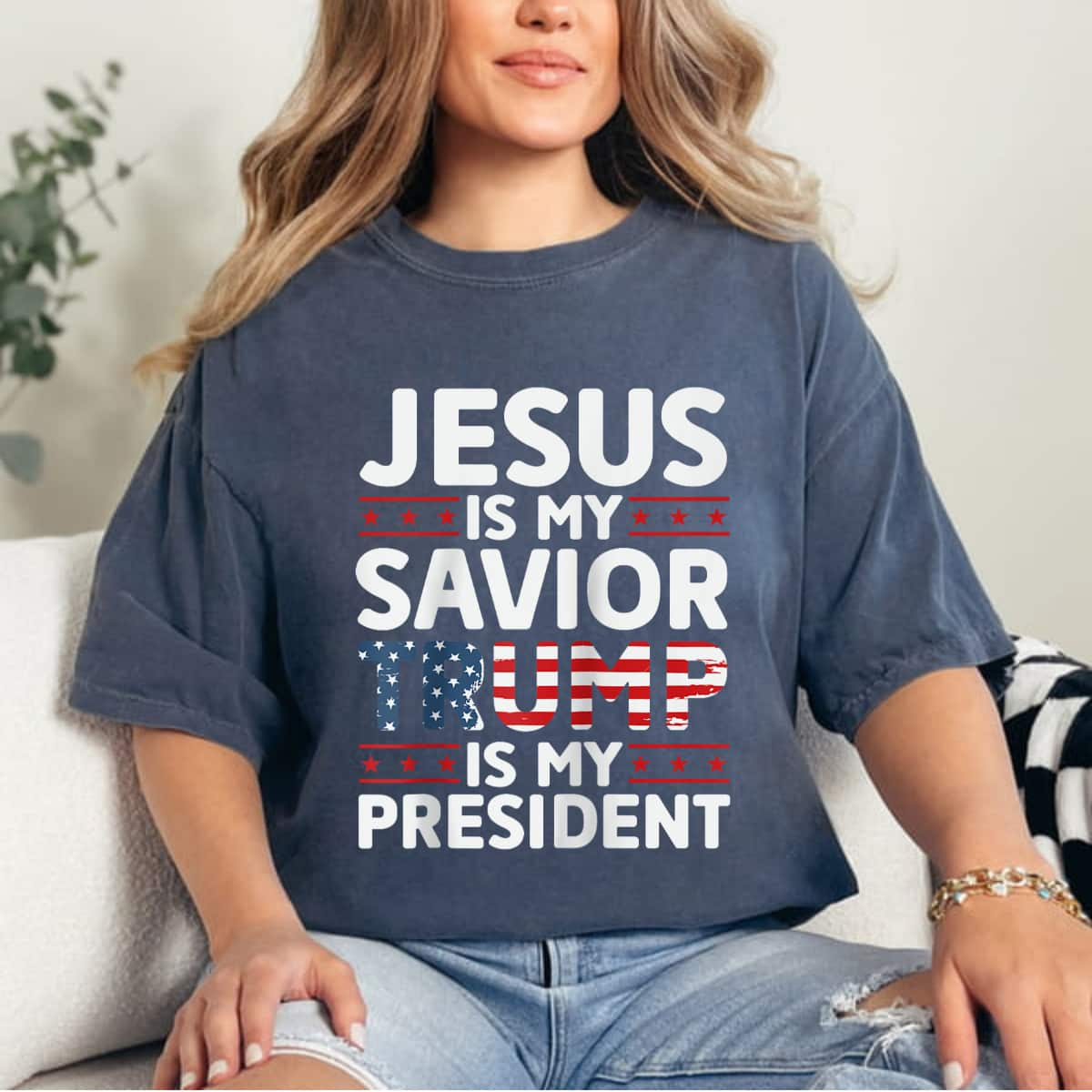 Jesus Is My Savior Trump Is My President Christian Patriot US Flag T-Shirt