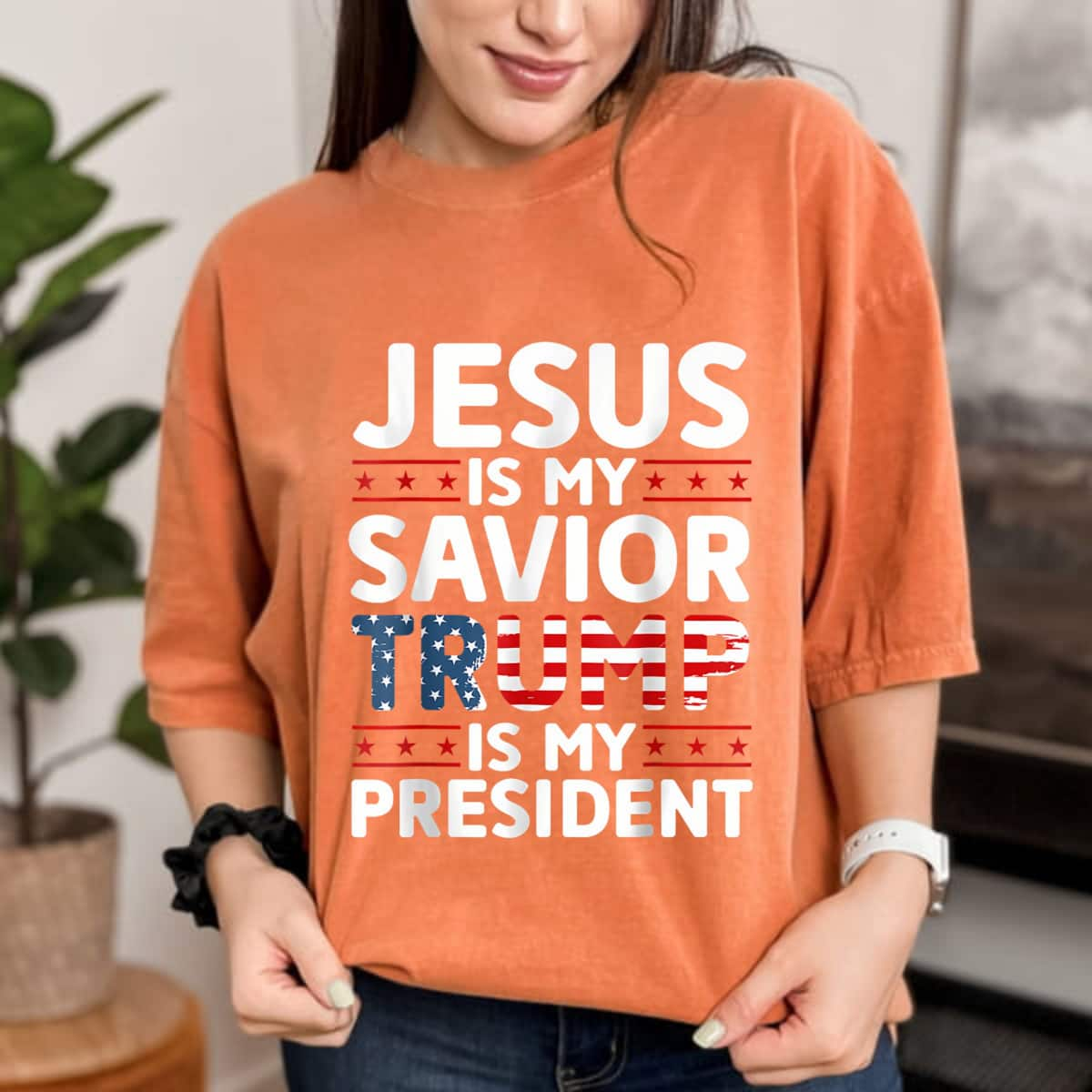 Christian Jesus Is My Savior Trump Is My President 2024 Usa Flag Cross T-Shirt