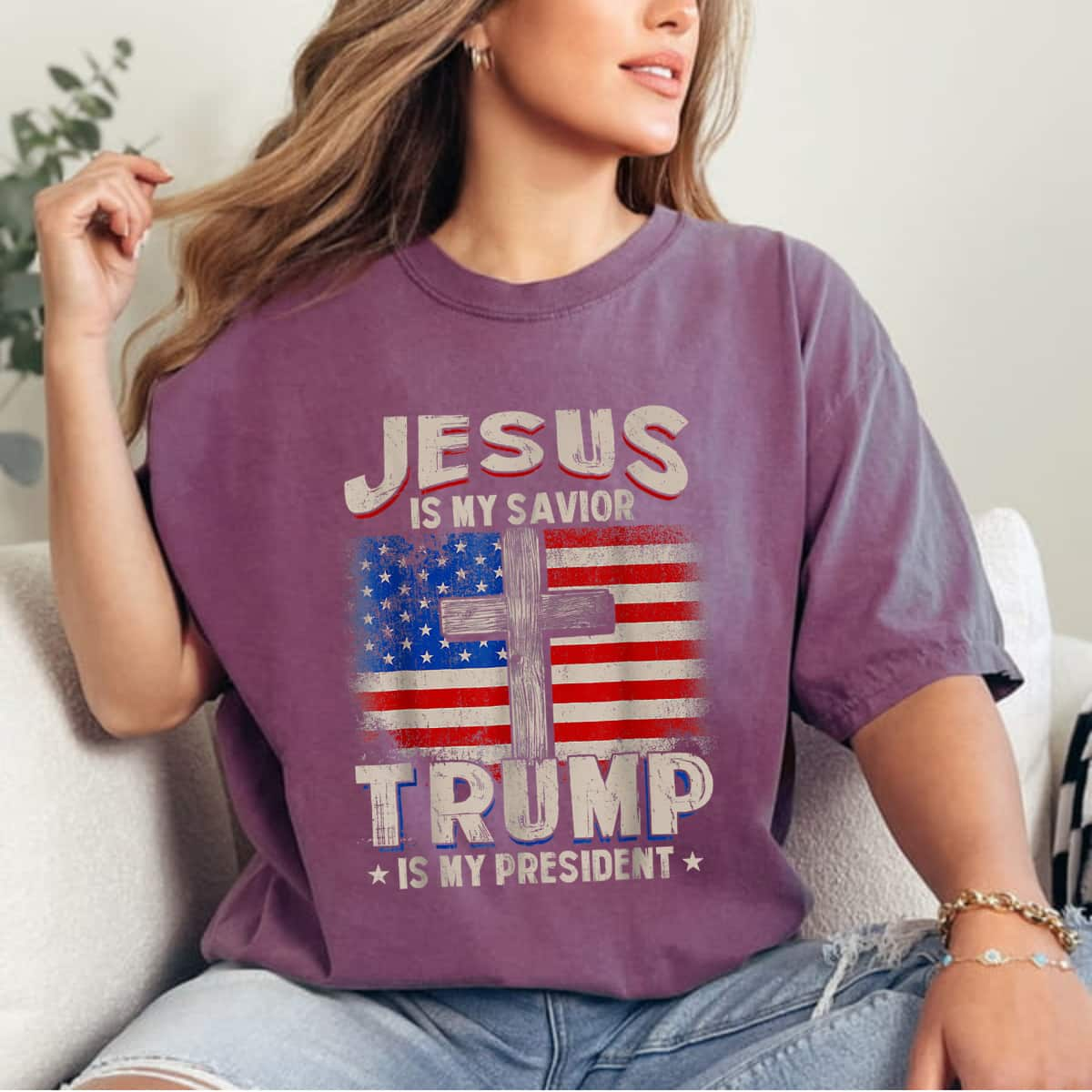 Christian Cross Jesus Is My Savior Trump Is My President Trump 2024 USA Flag T-Shirt