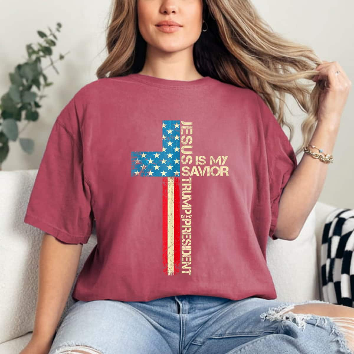 Jesus Is My Savior Trump Is My President 2024 USA Flag Cross T-Shirt