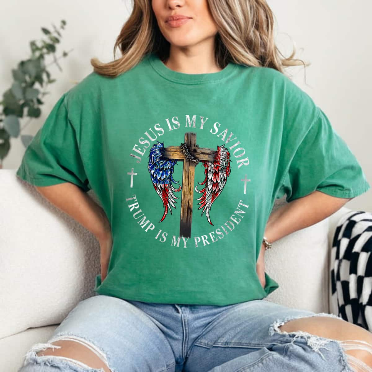 Jesus Is My Savior Trump Is My President 2024 Usa Flag Cross Believers T-Shirt