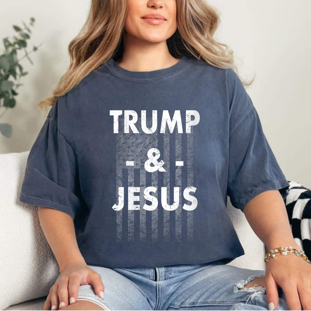 Trump And Jesus Distressed American Flag Political T-Shirt