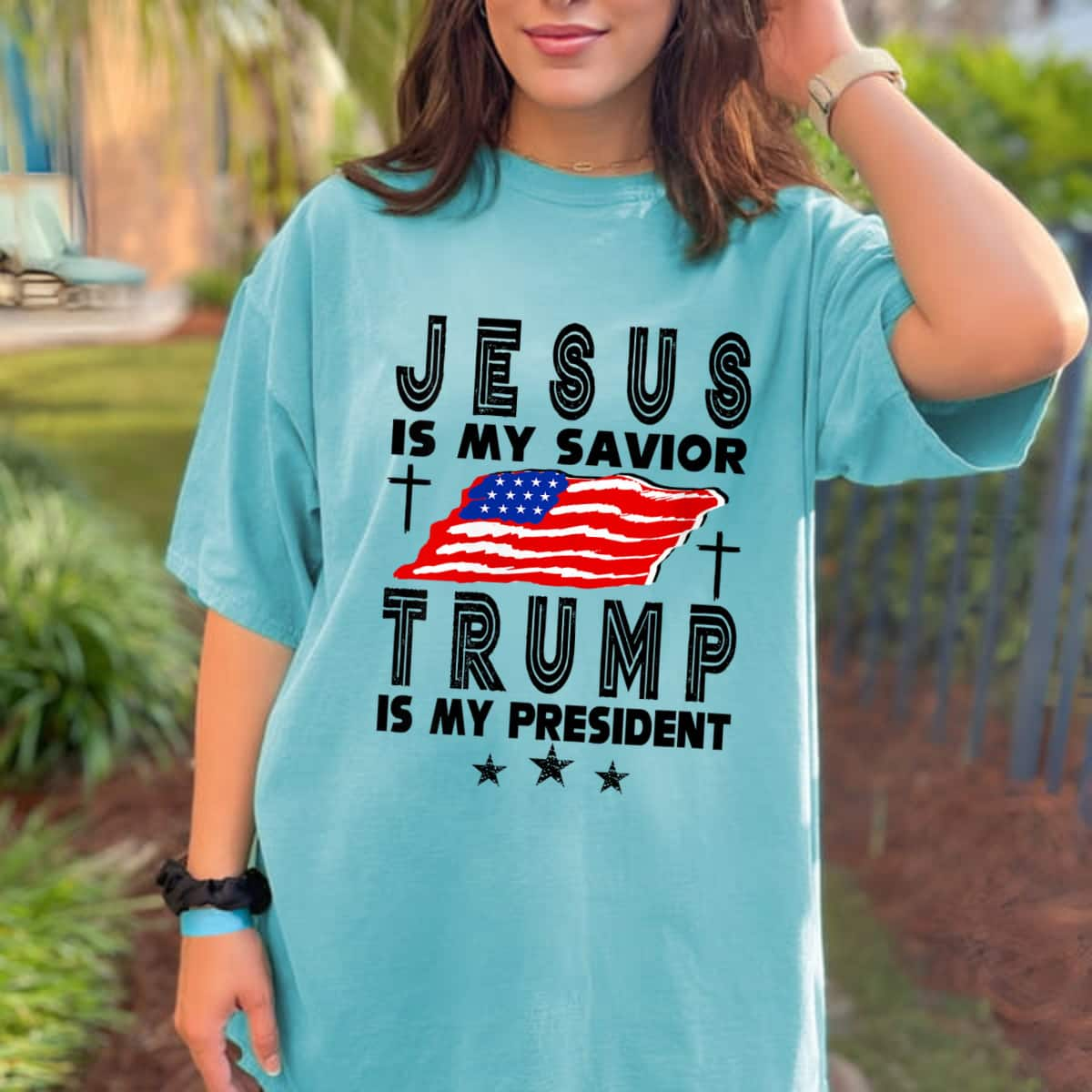 Jesus Is My Savior Trump Is My President 2024 USA American Flag T-Shirt