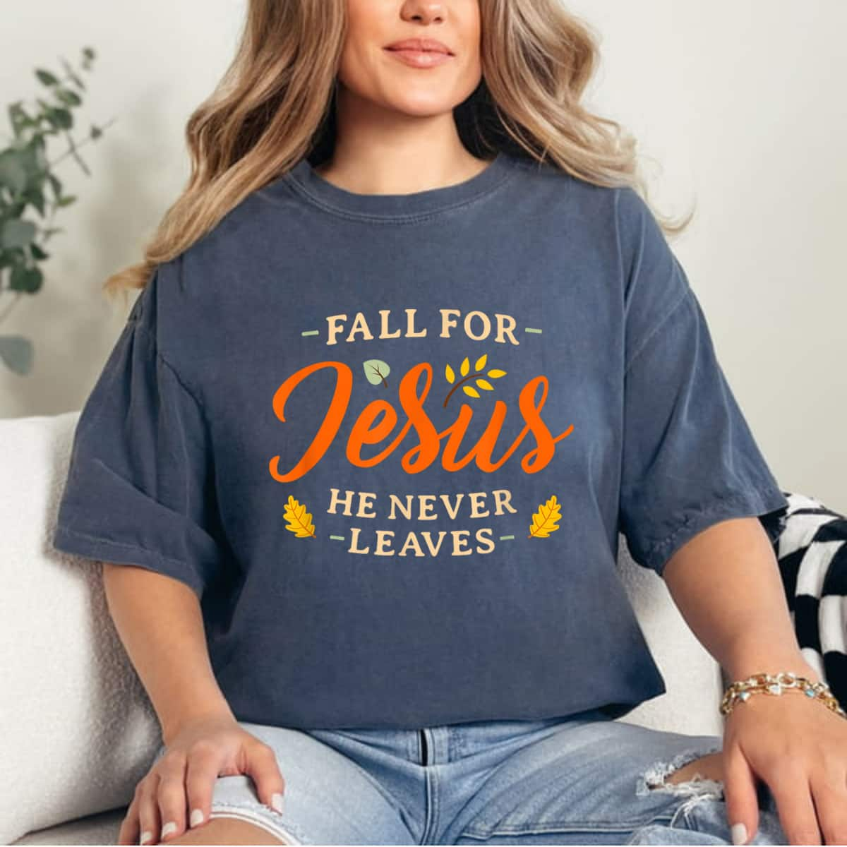 Fall For Jesus He Never Leaves Mens Christian Jesus T-Shirt