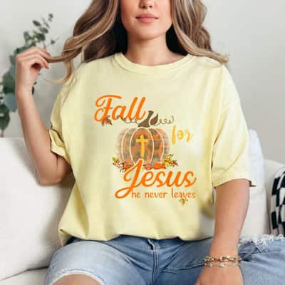 Fall For Jesus He Never Leaves Leopard Pumpkin Christian T-Shirt
