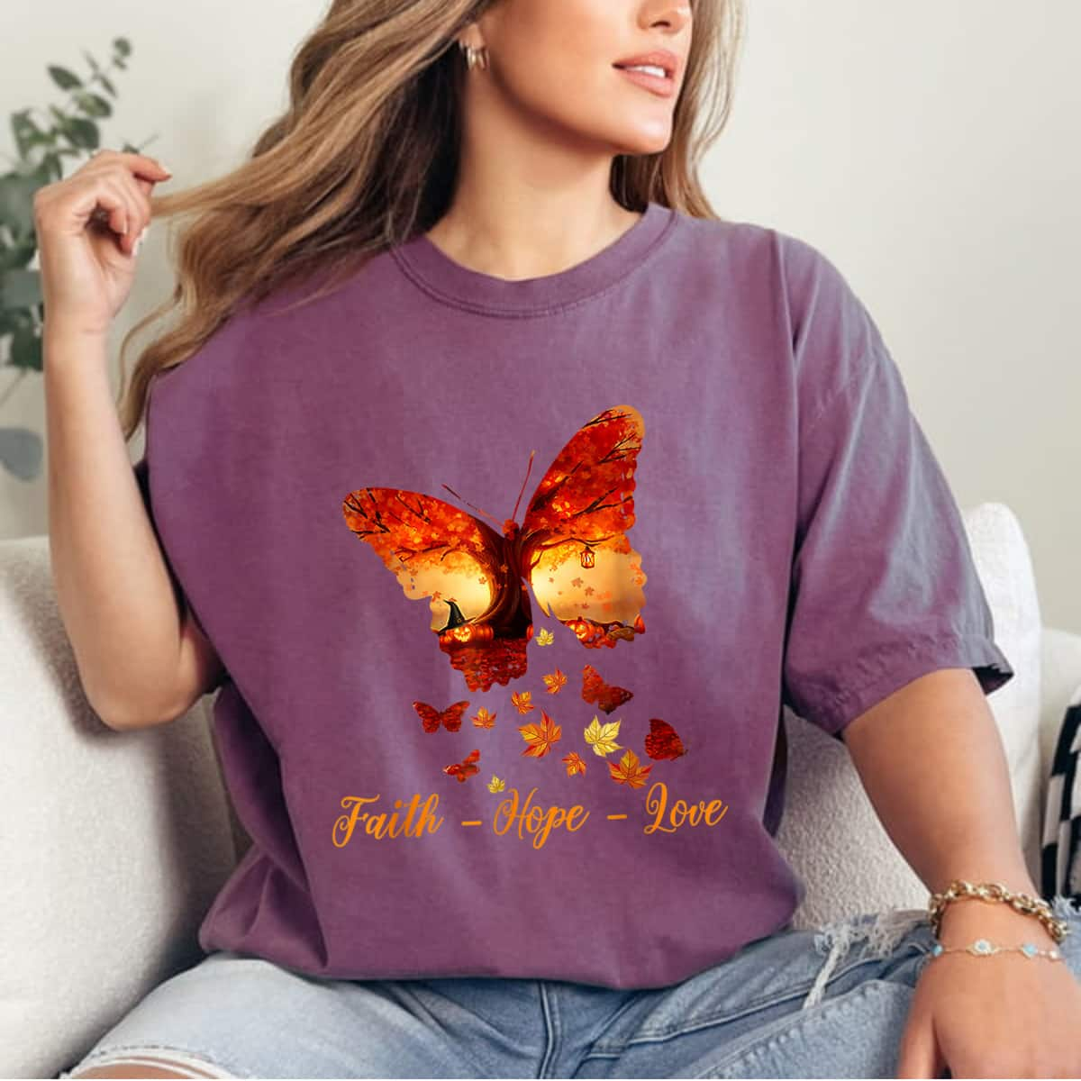 Pumpkin Autumn Faith Hope Love Butterfly Faith Christian T-Shirt