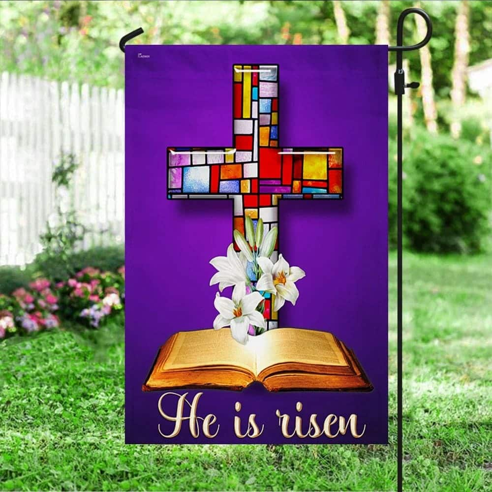 He Is Risen Lily Stained Glass Christian Cross Easter Cross Garden Flag