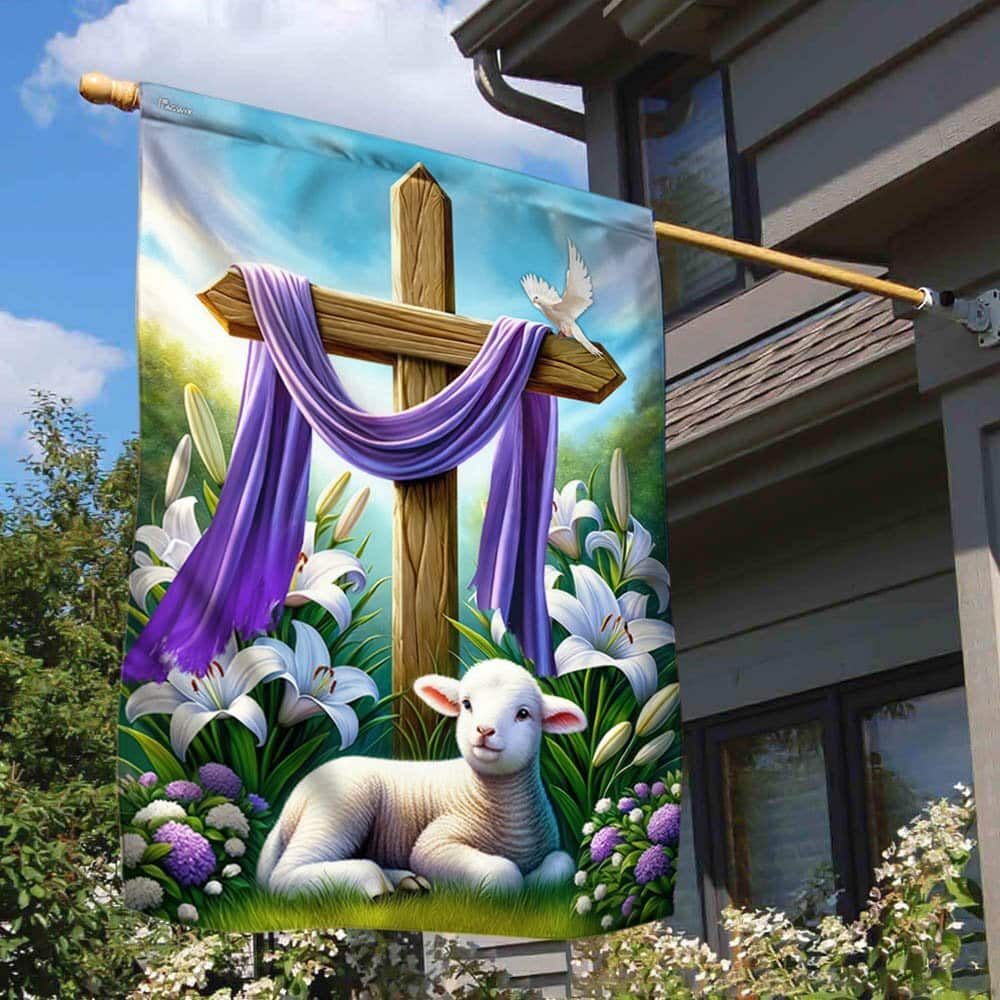 Easter Day Lamb Purple Cloth On Cross Religious Garden Flag